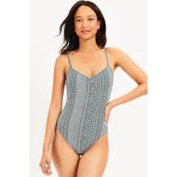 NWOT Ann Taylor LOFT S Beach Cinched Front One Piece Swimsuit Geometric - Picture 1 of 5
